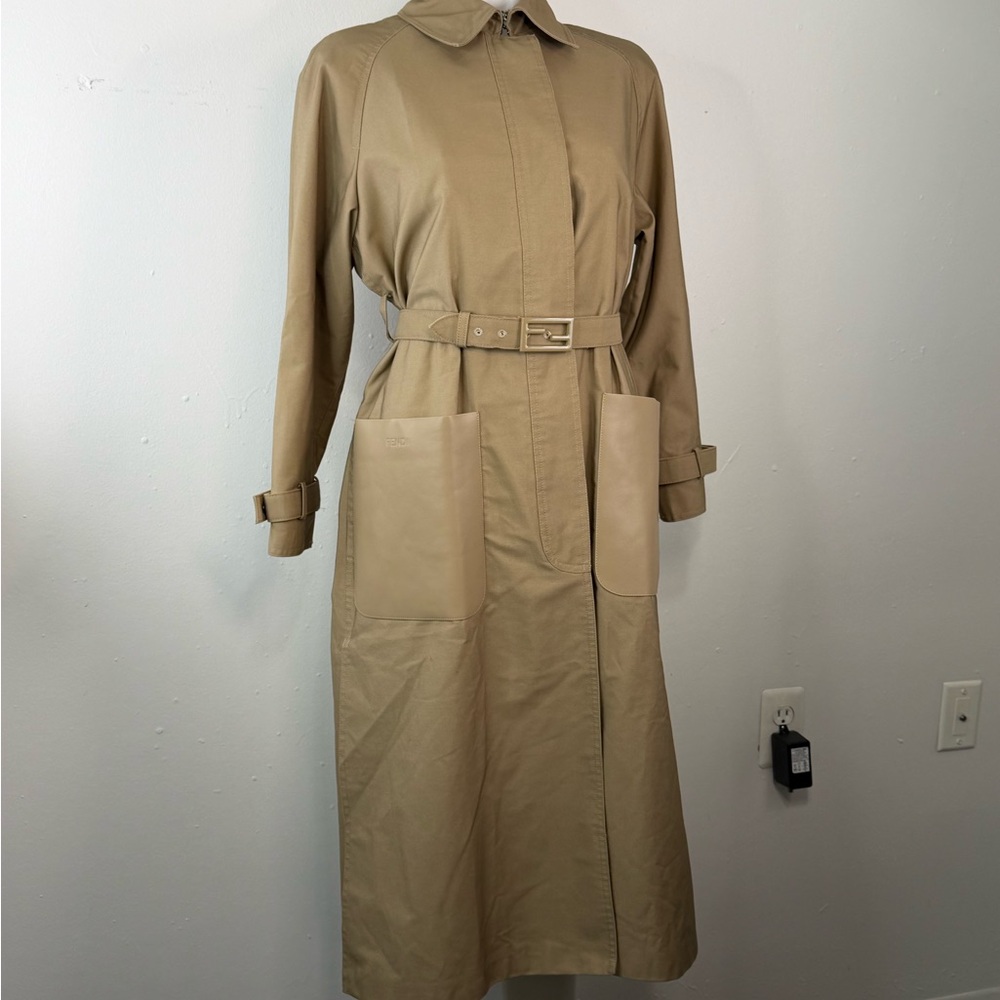 100% Authentic FENDI Trench Coat Belted Leather-Trimmed Twill